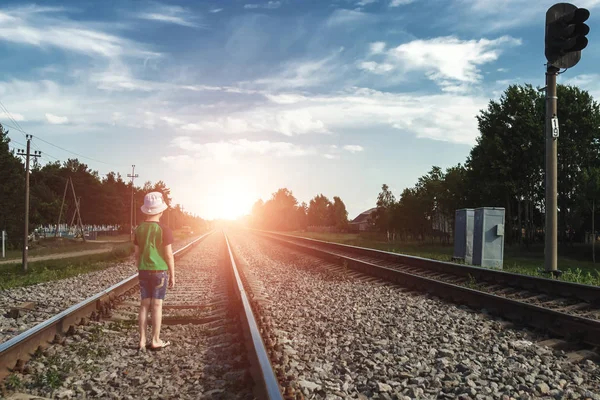 Child Goes Rails Walks Rails Danger Road Choice Profession — Stock Photo, Image