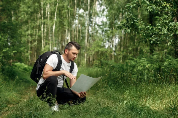 Portrait Young Man Wanderer Backpack Goes Road Copy Space Happy — Stock Photo, Image