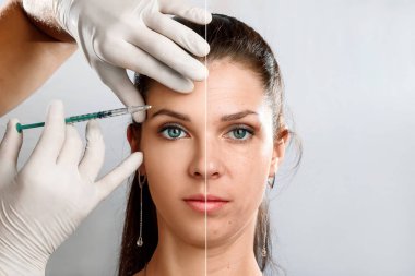 Karşılaştırma. Gençlik ve yaşlılık, Botox enjeksiyonları uygulayarak etkisini karşılaştırma genç bir kadın portresi. Yüz Plasti, enjeksiyon, stilting, gençleştirme.