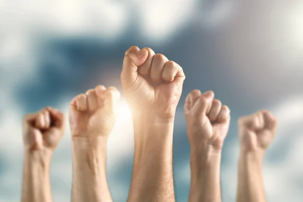 Many Hands Fists Raised Sky Concept Protest Revolution Struggle Rights — Stock Photo, Image