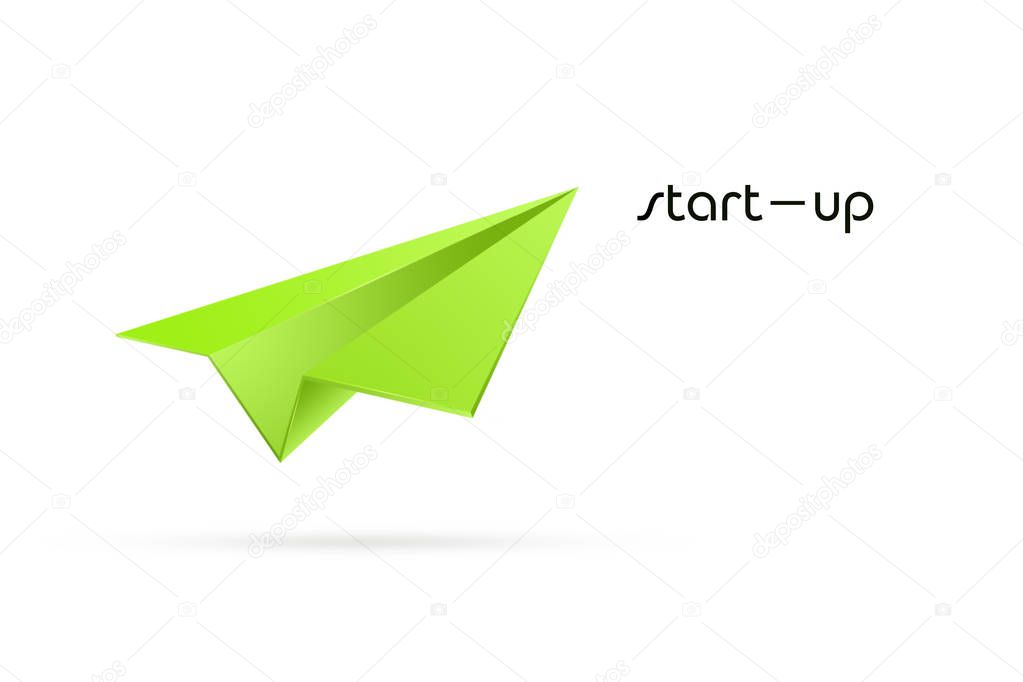 Green paper airplane on a white background. The concept of starting a business, a new beginning, all over again. start ap.