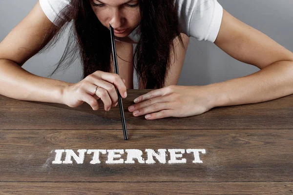 Internet Addiction Girl Sniffing Powder Form Inscription Online Concept Dependence — Stock Photo, Image