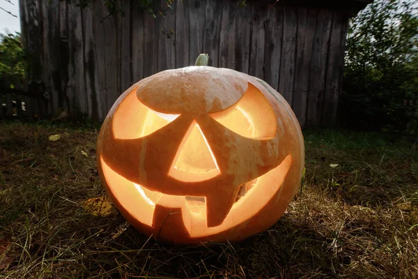 Halloween Pumpa Lykta Med Brinnande Ljus Mörk Bakgrund Mystisk Plats — Stockfoto