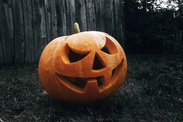 Halloween Pompoen Lantaarn Met Brandende Kaarsen Een Donkere Achtergrond Een — Stockfoto