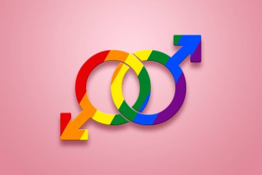 İki erkek işaretleri pembe bir arka plan üzerine Lgbt renklerde boyanır. Eşcinsel ilişkileri, Eşcinsel evlilik, Eşcinsel sorunları, ayrımcılık, hoşgörü kavramını.
