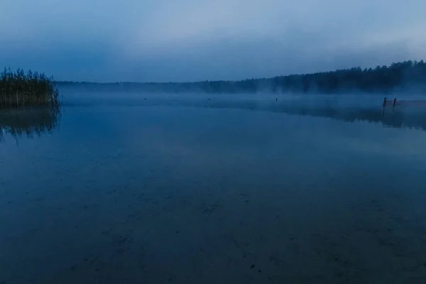 雾在湖面上 暮色笼罩湖面 浓雾密布 黎明时分 蓝天越过湖面 清晨来临 森林在水中反射 晴朗的清晨天空 哥特式 严峻的景象 — 图库照片