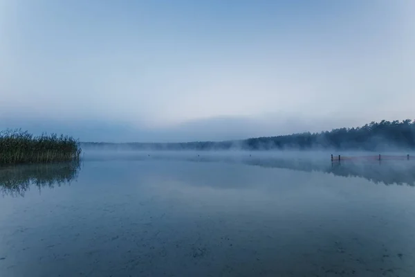 Dimma Över Sjön Twilight Över Sjön Mycket Tät Dimma Dawn — Stockfoto