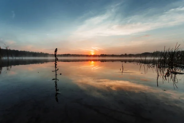 Vacker Röd Gryning Sjön Strålarna Från Solen Genom Dimman Den — Stockfoto