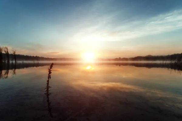 Beautiful Red Dawn Lake Rays Sun Fog Blue Sky Lake — Stock Photo, Image