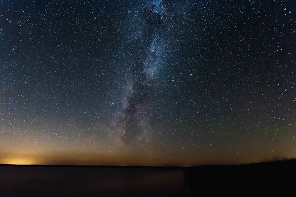 Ciel Étoilé Nuit Bleu Avec Galaxie Voie Lactée Dessus Lac — Photo