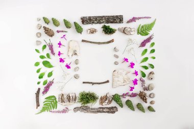 Kare kare, yaratıcı düzen, yaprakları, taş ve ahşap doğal düzen. Boş bir reklam kartı veya davet için. Doğa kavramı. Yaz poster. Düz yatıyordu. Doğa arka plan