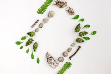 Rhombus çerçeve, yaratıcı düzen, yaprakları, taş ve ahşap beyaz bir arka plan üzerine doğal düzen. Boş bir reklam kartı veya davet için. Doğa kavramı. Yaz poster. Düz yatıyordu. Doğa arka plan