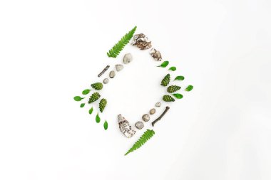 Rhombus çerçeve, yaratıcı düzen, yaprakları, taş ve ahşap beyaz bir arka plan üzerine doğal düzen. Boş bir reklam kartı veya davet için. Doğa kavramı. Yaz poster. Düz yatıyordu. Doğa arka plan