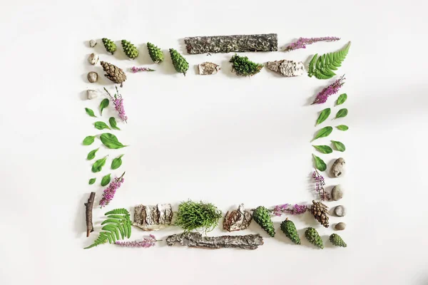 Square frame, Creative layout, natural layout of leaves, stones and wood. Empty for an advertising card or invitation. The concept of nature. Summer poster. Flat lay. Nature background