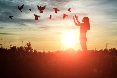 Genç bir kız doğa ortasında güzel bir gün batımı eşliğinde dua ediyor. Umut, inanç, din kavramı. Bir sürü kuşlar uçar, umut ve özgürlük sembolü.