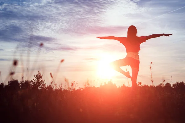 Mujer Joven Silueta Yoga Sobre Naturaleza Atardecer Aire Fresco Estilo —  Fotos de Stock