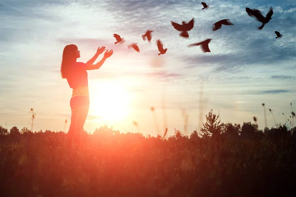 Uma Jovem Reza Enquanto Aprecia Natureza Meio Belo Pôr Sol — Fotografia de Stock