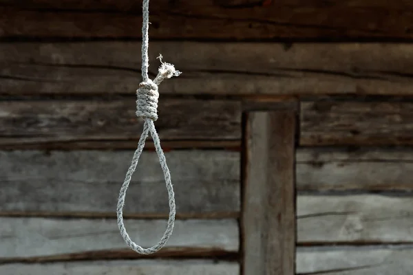 Hangman\'s loop on a wooden wall background. Creative background, the concept of despair, a dead end, a desperate situation.