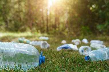 Yeşil çim, doğal ortamda bir sorun üzerinde plastik yığını doğa kirliliği plastik çürüyen değil. Doğanın korunması.