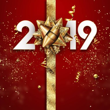 Gerçekçi 2019 numaraları, Altın Yay ve şenlikli konfeti, yıldız ve kırmızı arka plan sarmal şeritler. Mutlu yeni yıl 2019. Yeni yıl süsleme. Tinsel, kopya alanı ile dekorasyon öğesi. Yaratıcı arka plan.