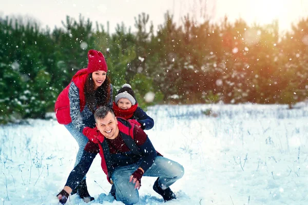 Happy family in warm clothes in the winter outdoors. Concept of holidays, holidays, winter, new year, day of grace. Family relationships, happy marriage.