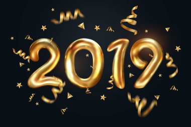 Yaratıcı arka plan, 2019 mutlu yeni yıl, sayı topu, hava balon dolu balonları karanlık bir arka plan üzerinde altın numaraları. Yeni yıl balon dekorasyon, kutlama, tebrik için. kopya alanı.