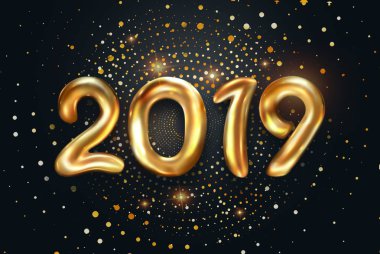 Yaratıcı arka plan, 2019 mutlu yeni yıl, sayı topu, hava balon dolu balonları karanlık bir arka plan üzerinde altın numaraları. Yeni yıl balon dekorasyon, kutlama, tebrik için. kopya alanı.