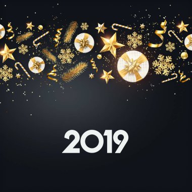 Yaratıcı arka plan, klas 2019 mutlu yeni yıl arka plan. Noel ve yeni yıl 2019 tebrik kartları için altın tasarım. Yeni yıl el ilanı, tebrik kartı, Festival arka plan, kopyalama alanı.