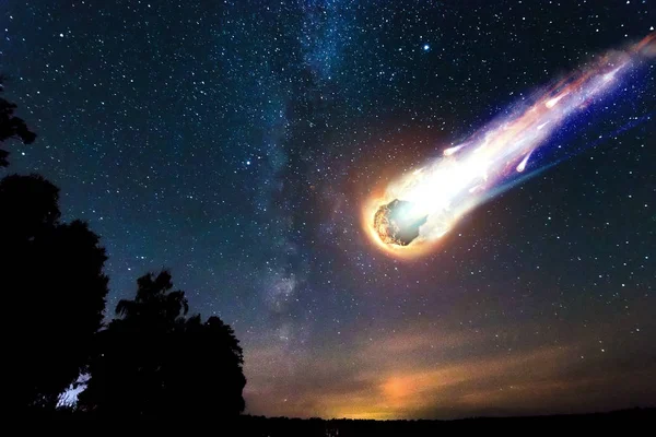 Комети Астероїди Метеорит Падає Землю Проти Зоряне Небо Атака Метеорита — стокове фото