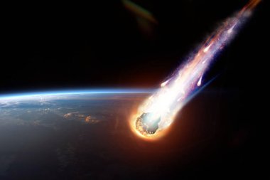 Bir kuyruklu yıldız, bir asteroid bir göktaşı parlıyor, Dünya atmosferine girer. Göktaşı krizinden. Meteor yağmuru. Kameta kuyruk. Dünyanın sonu. Nasa tarafından döşenmiş bu görüntü unsurları. Karışık teknik.