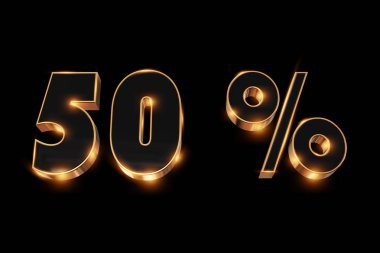 Yaratıcı arka plan, kış indirimi, %50, indirim, 3d altın numaraları. Tatil poster, çıkartmalar, el ilanları ve dükkanlar için düzen. Öğe kullanılmak üzere tasarım, izole bir siyah arka plan üzerine.