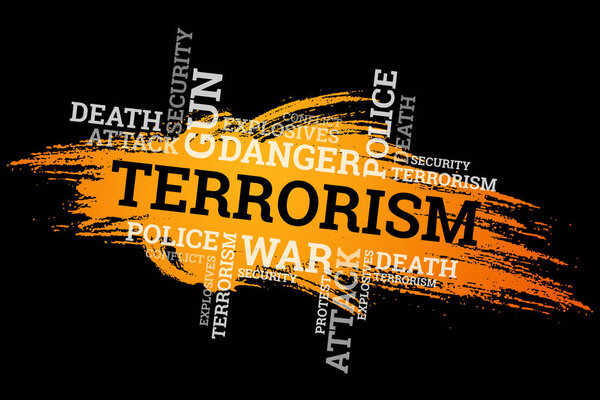 The inscription terrorism on a black background. The concept of stop terror, terrorist attack, explosions, attempted.