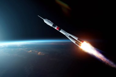 Roket uzayda Dünya'nın fon karşı uçar. Uzay araştırmaları, uydu fırlatma, aya, uçuş kavramı ücretsiz internet. Nasa tarafından döşenmiş bu görüntü unsurları.