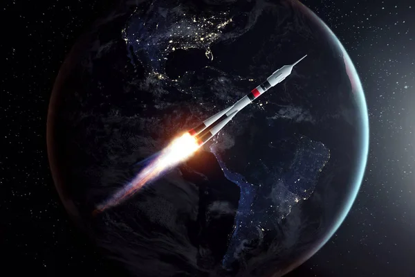 Rocket Flies Space Backdrop Earth Concept Space Exploration Satellite Launch — Stock Photo, Image