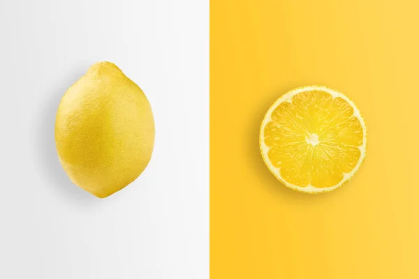 Fondo Creativo Rodajas Limón Limón Sobre Fondo Blanco Amarillo Colocación — Foto de Stock