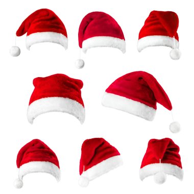 Beyaz arka plan üzerinde izole kırmızı santa claus şapka takım