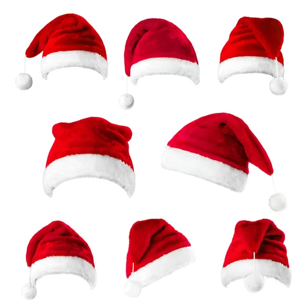 Conjunto Sombreros Rojos Santa Claus Aislados Sobre Fondo Blanco — Foto de Stock