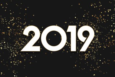 Yaratıcı arka plan, numaraları 2019 ve şenlikli konfeti, karanlık bir arka plan sarmal şeritler. Mutlu yeni yıl 2019. Dekorasyon öğesi tinsel, kopya alanı ile.