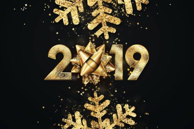 Yaratıcı arka plan, 2019 mutlu yeni yıl. Tebrik kartı altın numaraları tasarımı. Altın parlayan desen. Mutlu yeni yıl afiş 2019 numaraları karanlık bir arka plan ile. Konfeti, kopya alanı.