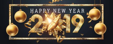 Yaratıcı arka plan, 2019 mutlu yeni yıl. Tebrik kartı altın numaraları tasarımı. Altın parlayan desen. Mutlu yeni yıl afiş 2019 numaraları karanlık bir arka plan ile. Konfeti, kopya alanı.