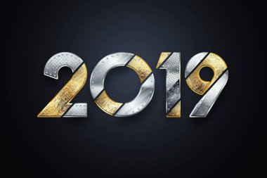 Yaratıcı arka plan, Metal yıl iki bin on dokuz, mutlu yeni yıl 2019, metalik metin. kopya alanı