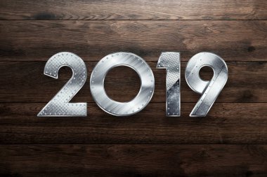 Yaratıcı arka plan, Metal yıl iki bin on dokuz, mutlu yeni yıl 2019, metalik metin. kopya alanı