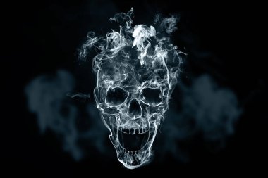 Sigara dumanı siyah bir arka plan üzerinde kafatasından. Yaratıcı arka plan. Sigara kavramı öldürüyor, nicatine zehirler, kanser sigara, sigara durdurmak. Kopya alanı.
