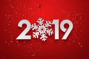 Yaratıcı arka plan, numaraları 2019 ve şenlikli konfeti kırmızı arka plan sarmal şeritler. Mutlu yeni yıl 2019. Dekorasyon öğesi tinsel, kopya alanı ile.