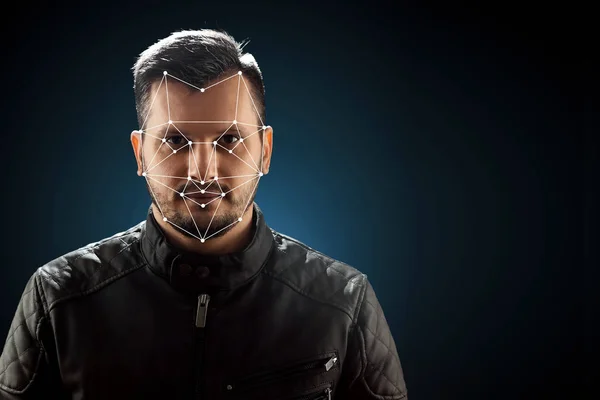 Male face, Biometric verification - face recognition. Technology of face recognition on polygonal grid is constructed by the points of IT security and protection. Face id, copy space