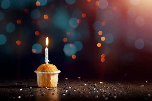 Kreativer Hintergrund Cupcake Mit Kerzen Schönes Bokeh Alles Gute Zum — Stockfoto