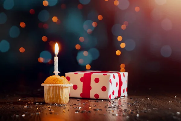 Kreativer Hintergrund Cupcake Mit Kerzen Schönes Bokeh Alles Gute Zum — Stockfoto