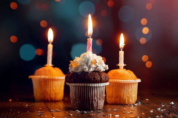 Kreativer Hintergrund Cupcake Mit Kerzen Schönes Bokeh Alles Gute Zum — Stockfoto