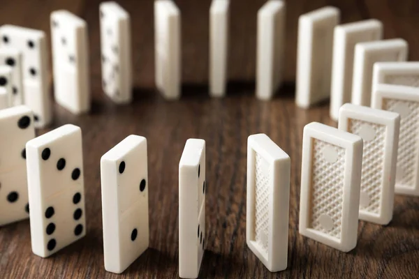 Creative Background White Domino Brown Wooden Background Concept Domino Effect — Stock Photo, Image