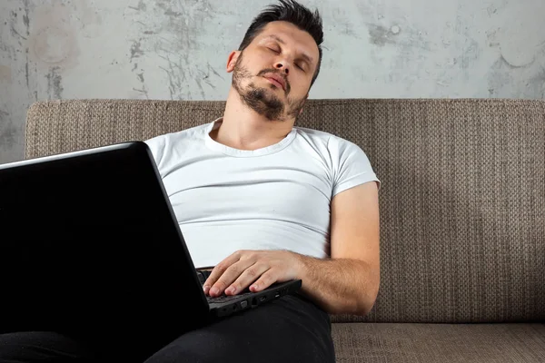 Guy White Shirt Sitting Couch Fell Asleep Work Laptop Concept — Stock Photo, Image